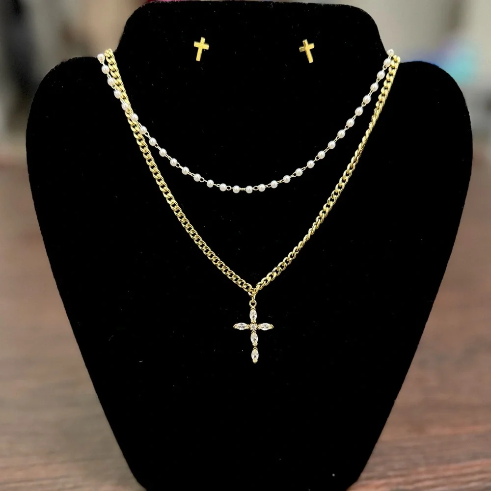 Gold Cross Necklace Earrings Set Layered Rhinestone Dainty Jewelry - Picture 4 of 5